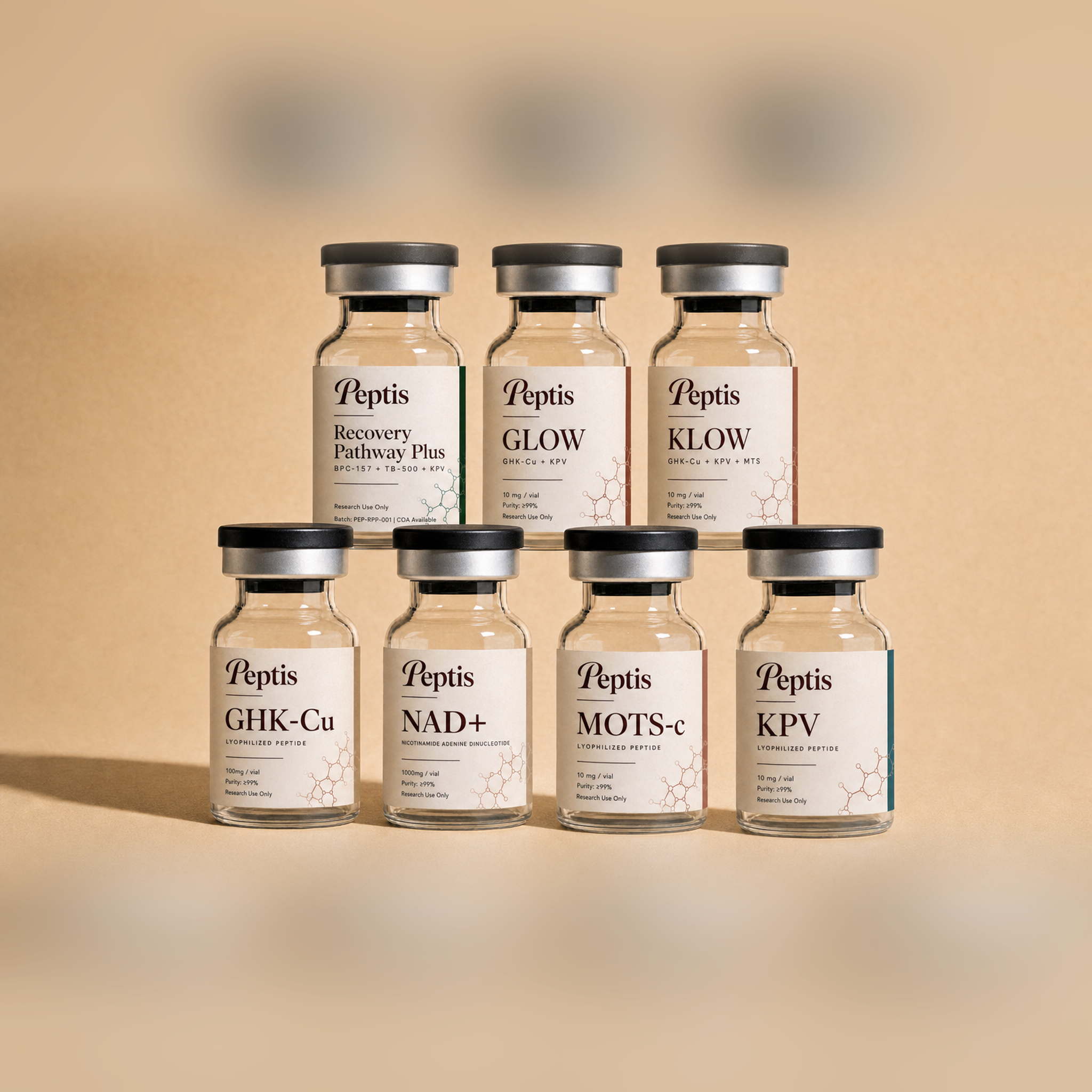 Peptis Complete Research Pack - Recovery Plus + GLOW 70 + KLOW 80 + GHK-Cu 100mg + NAD+ 1000mg + MOTS-c 10mg + KPV 10mg